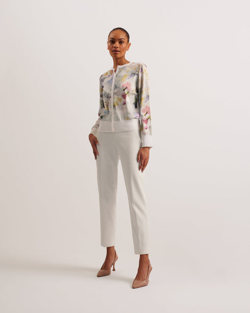 HAYLOU-Knitwear-It's all in the details: Cardigan Woven front and sleeves Floral print detail Cotton silk blend back Scallop knitted trims Ribbed hem Button fastenings Stephanie is 5'8.5" / 1.74m and wears White in a Ted size 1- Ted Baker Romania